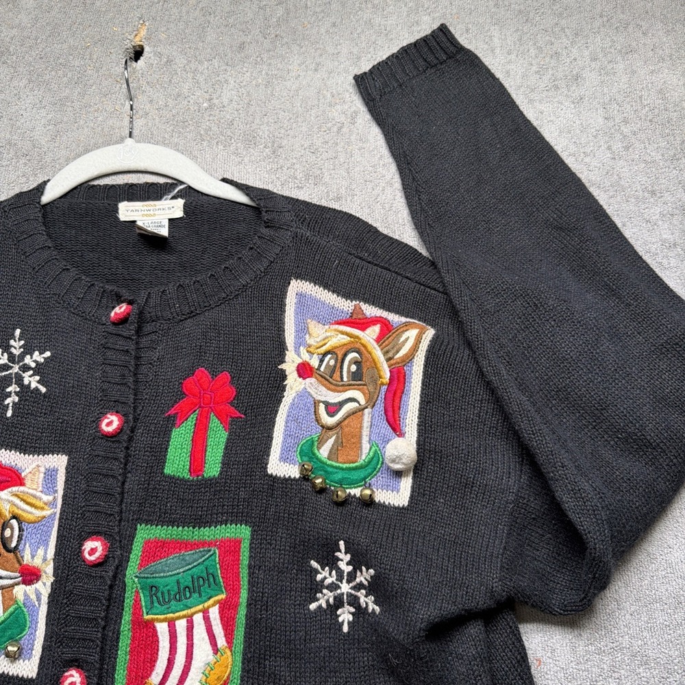 Vintage Christmas Sweater Cardigan Santa Rudolph Applique Black‎ Womens XL